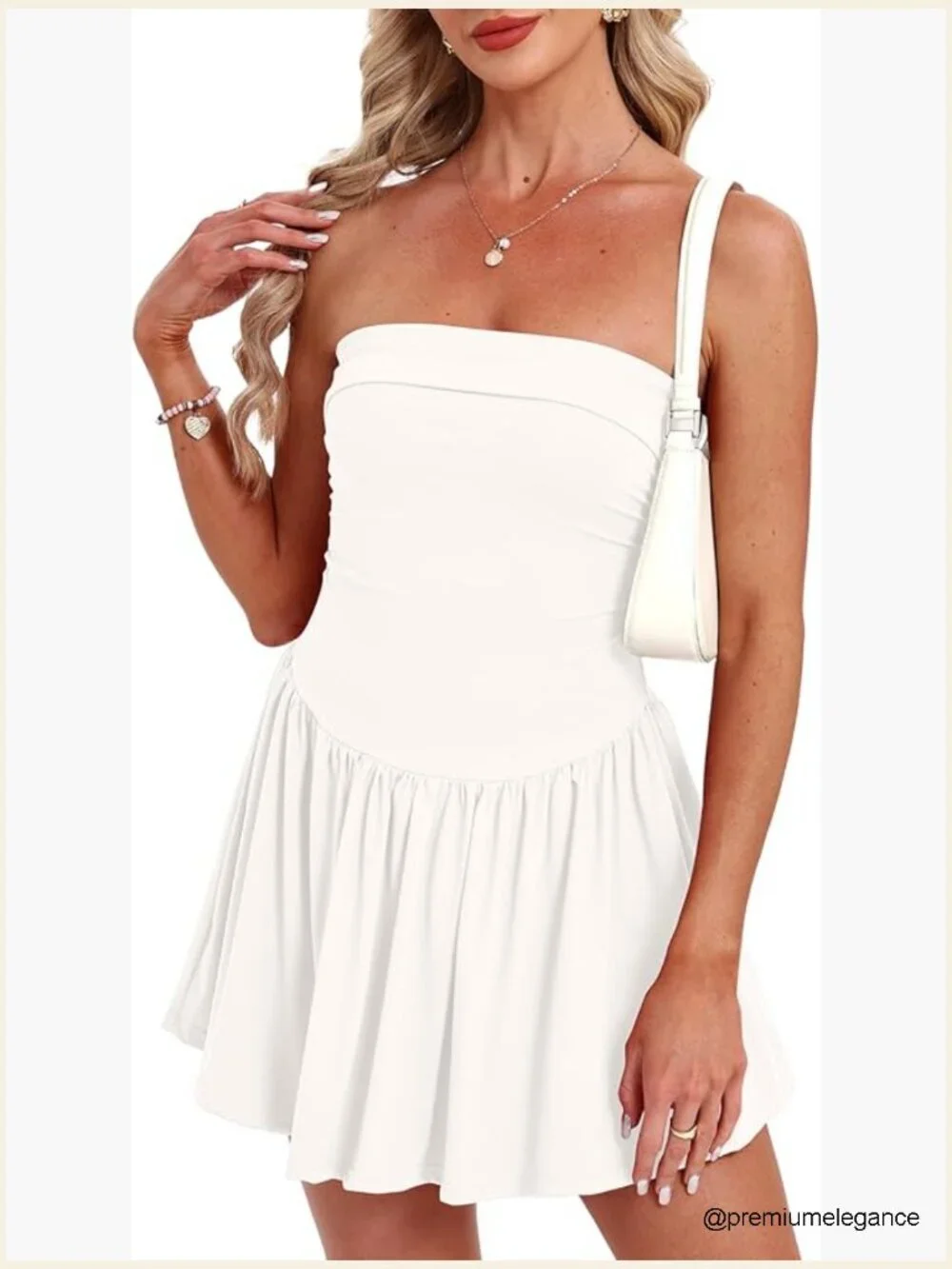 Strapless Ruched Mini Dress with Built-in Shorts, Nylon Spandex Fabric - Picture 1 of 6